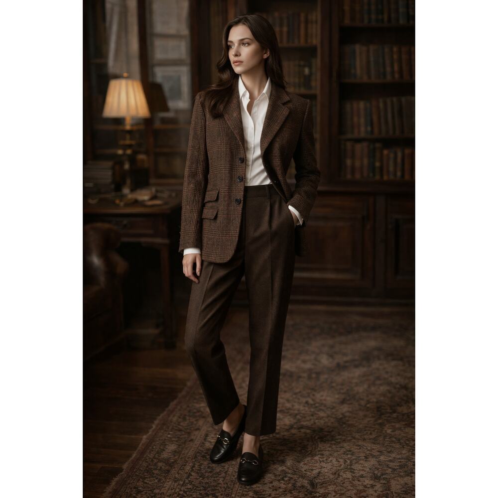 Vintage Lauren Ralph Lauren Brown Plaid Wool Blazer Size 12 Y2K Tailored Jacket